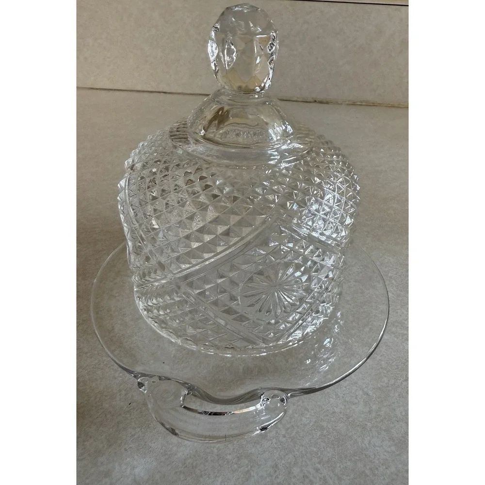 Vintage Cheese Butter Dish Round Clear Glass Plate With Cut Glass Dome Cover‎